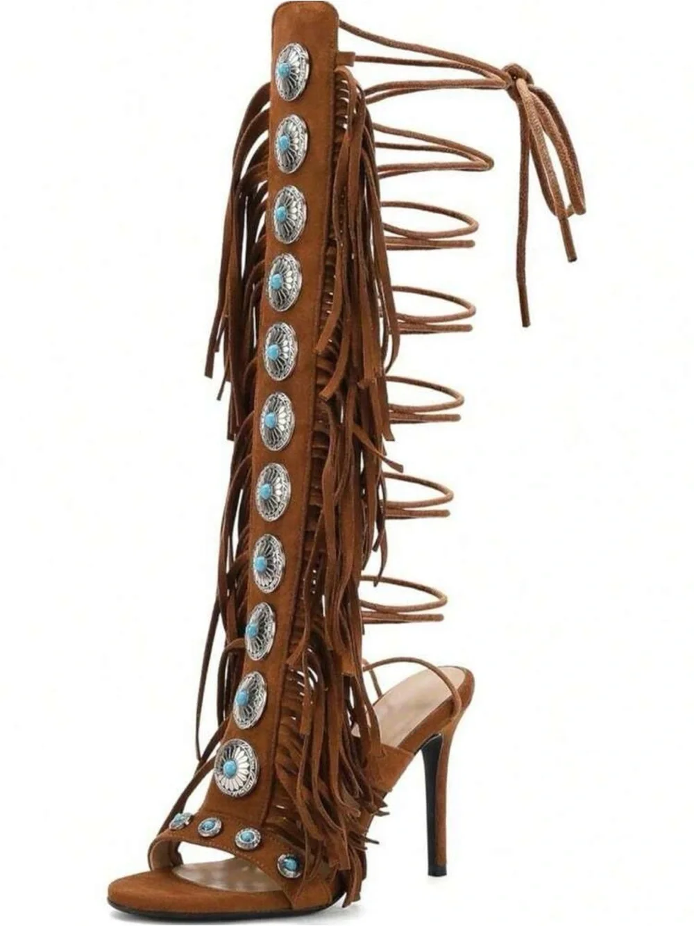 Women’s Tan Fringe Gladiator Sandals with Concho Accents - Picture 3 of 4